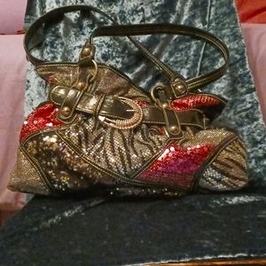 Cute shoulder bag, sequin front, faux patent leather back NWOT